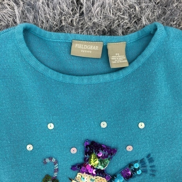 Field Gear Women's S Petite Blue Snowman Sequin Long Sleeve Round Neck Sweater - Picture 3 of 12